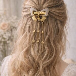 Y2K Gold Purple Butterfly Hair Clip Barrette Cascading Chain Floral Boho Fairy